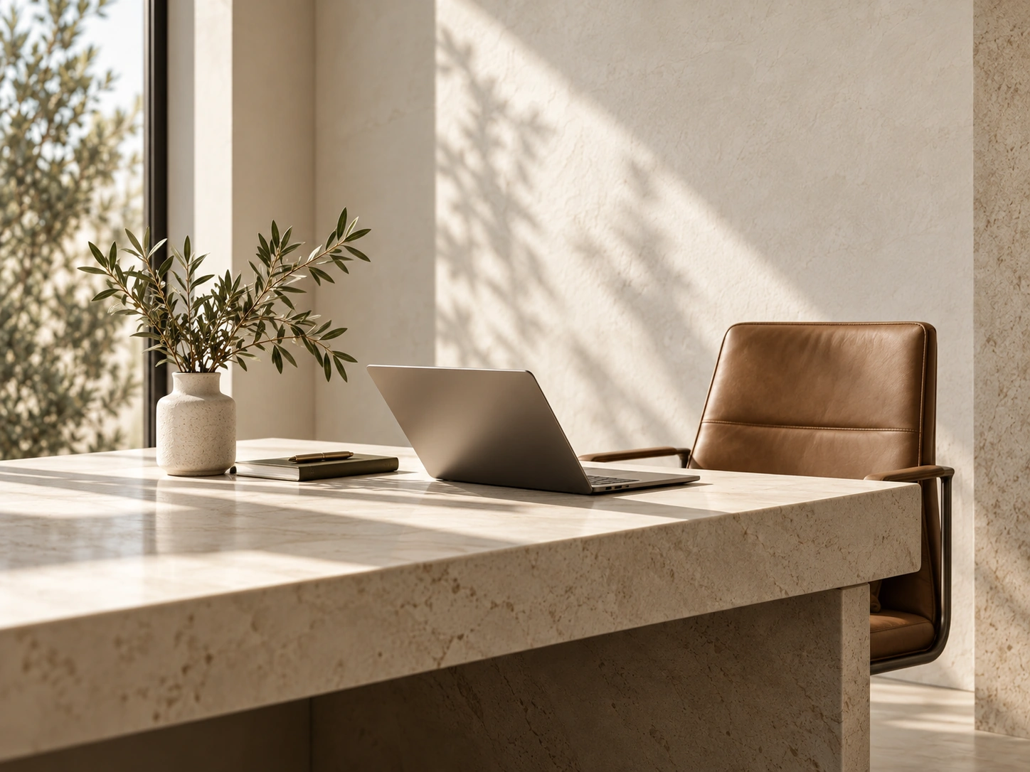 Spațiu profesional minimalist cu birou din piatră, laptop și măslin